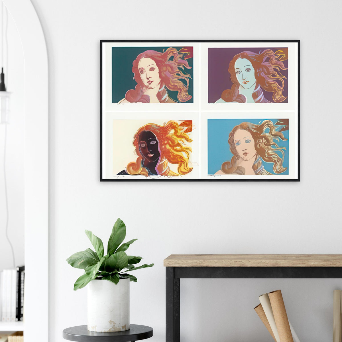 Andy Warhol framed print depicting venus emerging from the sea in a detail from the Renaissance painting, a detail that connects the composition to its broader artistic subject
