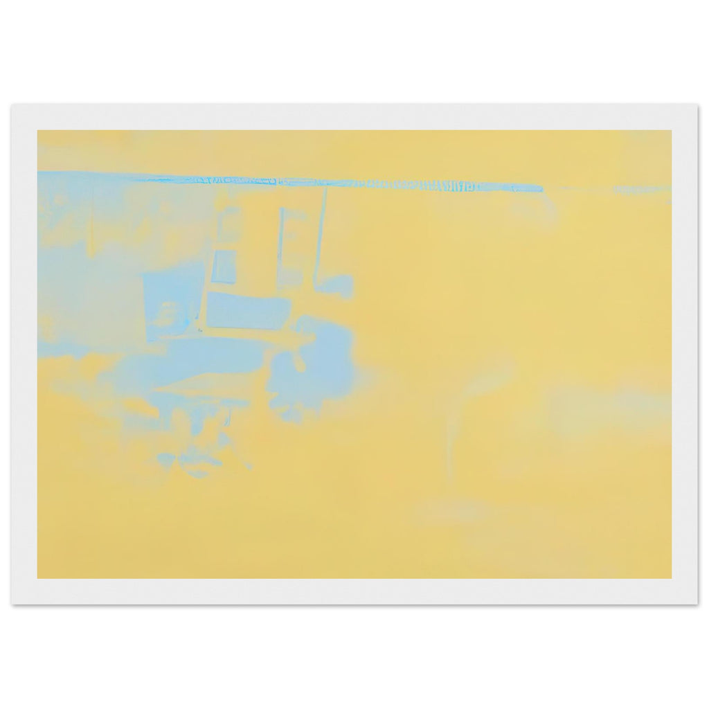 Andy Warhol framed print depicting the stark chair, its surroundings and the tense emptiness of the room, a detail that connects the composition to its broader artistic subject, white frame, 21x29.7 cm / 8x12"