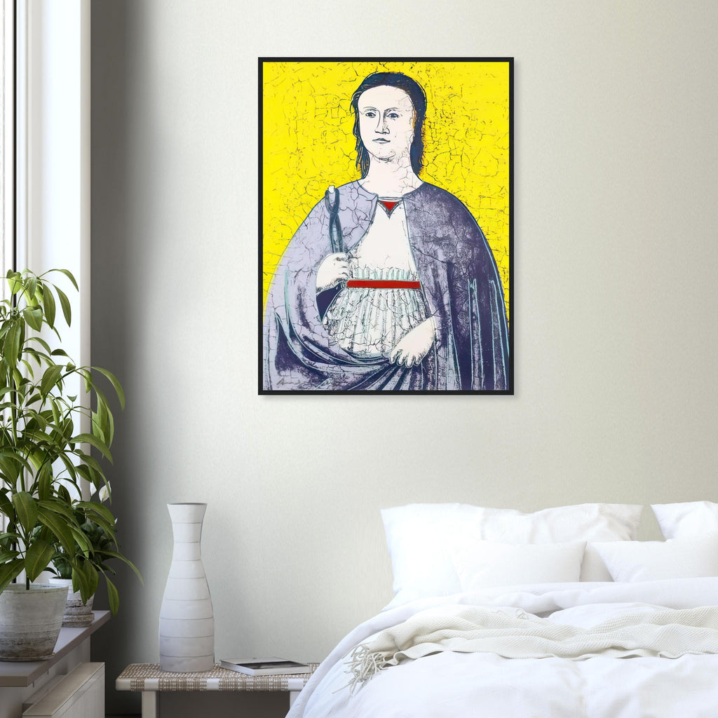 Andy Warhol framed print depicting the saint’s solemn presence, her symbolic attribute and the cracked appearance of the source painting remain visible; Warhol’s Saint Apollonia portfolio draws upon a Renaissance devotional image associated with Piero della