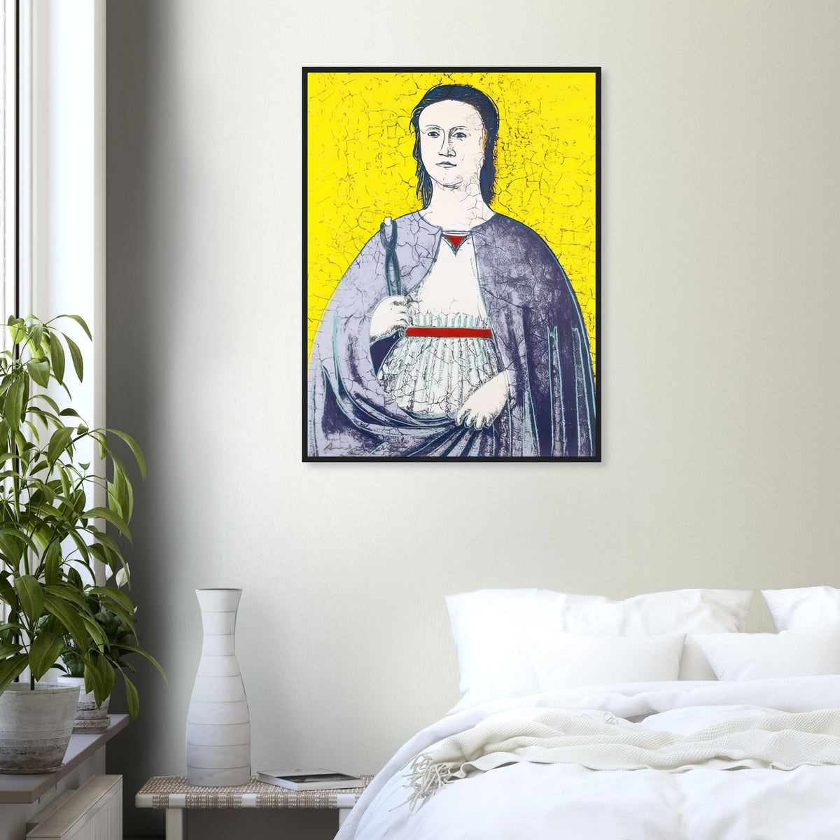 Andy Warhol framed print depicting the saint’s solemn presence, her symbolic attribute and the cracked appearance of the source painting remain visible; Warhol’s Saint Apollonia portfolio draws upon a Renaissance devotional image associated with Piero della