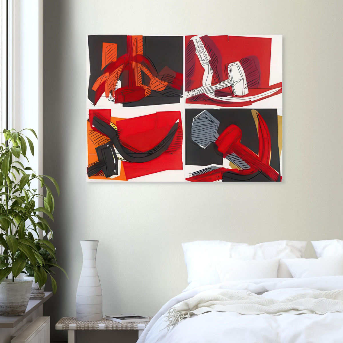 Andy Warhol poster depicting the industrial hammer and curved sickle as emphatic, intersecting shapes, a detail that connects the composition to its broader artistic subject