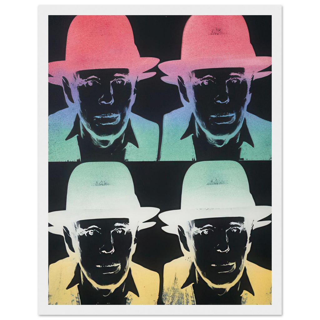 Andy Warhol framed print depicting beuys faces the viewer wearing his characteristic brimmed felt hat; Warhol portrayed fellow artist Joseph Beuys after photographing him in 1979, white frame, 27x35 cm / 11x14″