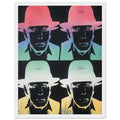Andy Warhol framed print depicting beuys faces the viewer wearing his characteristic brimmed felt hat; Warhol portrayed fellow artist Joseph Beuys after photographing him in 1979, white frame, 27x35 cm / 11x14″