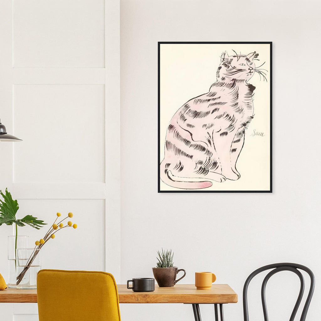 Andy Warhol framed print depicting a spare contour drawing gives the animal its personality, while uncomplicated forms keep the focus on the cat’s outline and pose