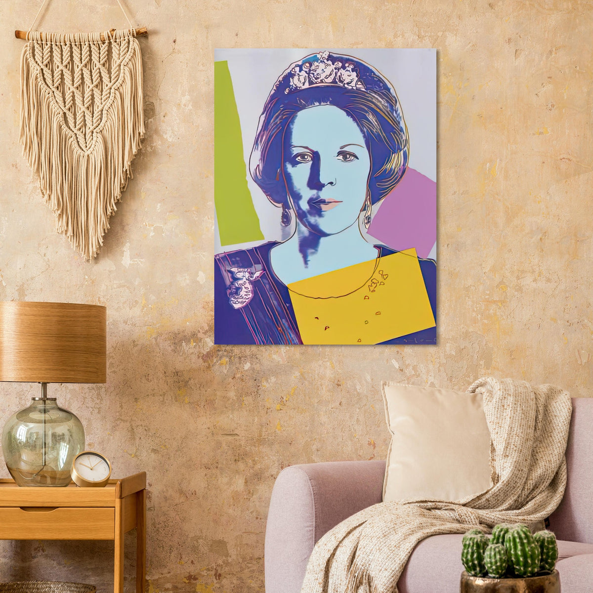 Andy Warhol poster depicting the recognizable royal portrait becomes a strong graphic focal point