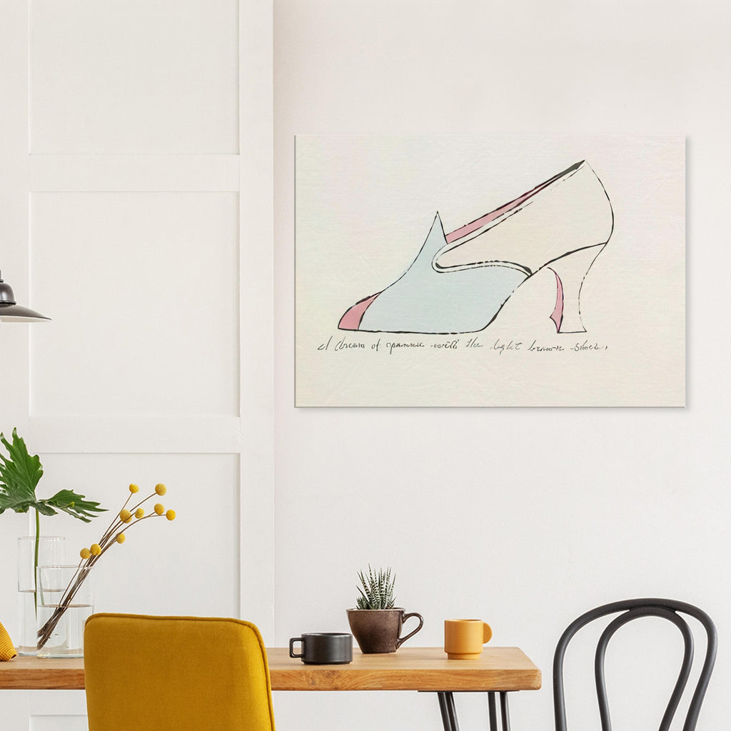 Andy Warhol canvas print depicting playfully drawn footwear with expressive line work, a detail that connects the composition to its broader artistic subject