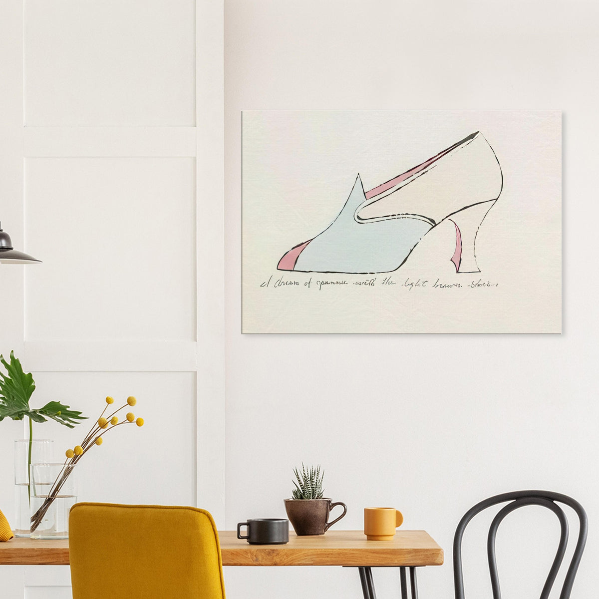 Andy Warhol canvas print depicting playfully drawn footwear with expressive line work, a detail that connects the composition to its broader artistic subject