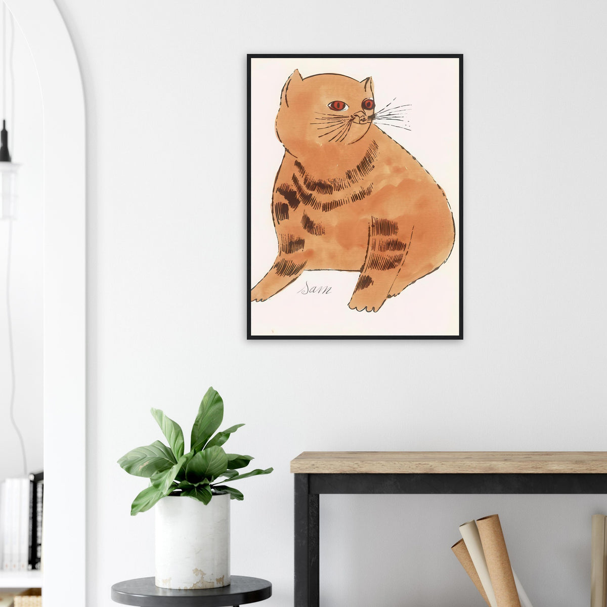 Andy Warhol framed print depicting a spare contour drawing gives the animal its personality, while uncomplicated forms keep the focus on the cat’s outline and pose
