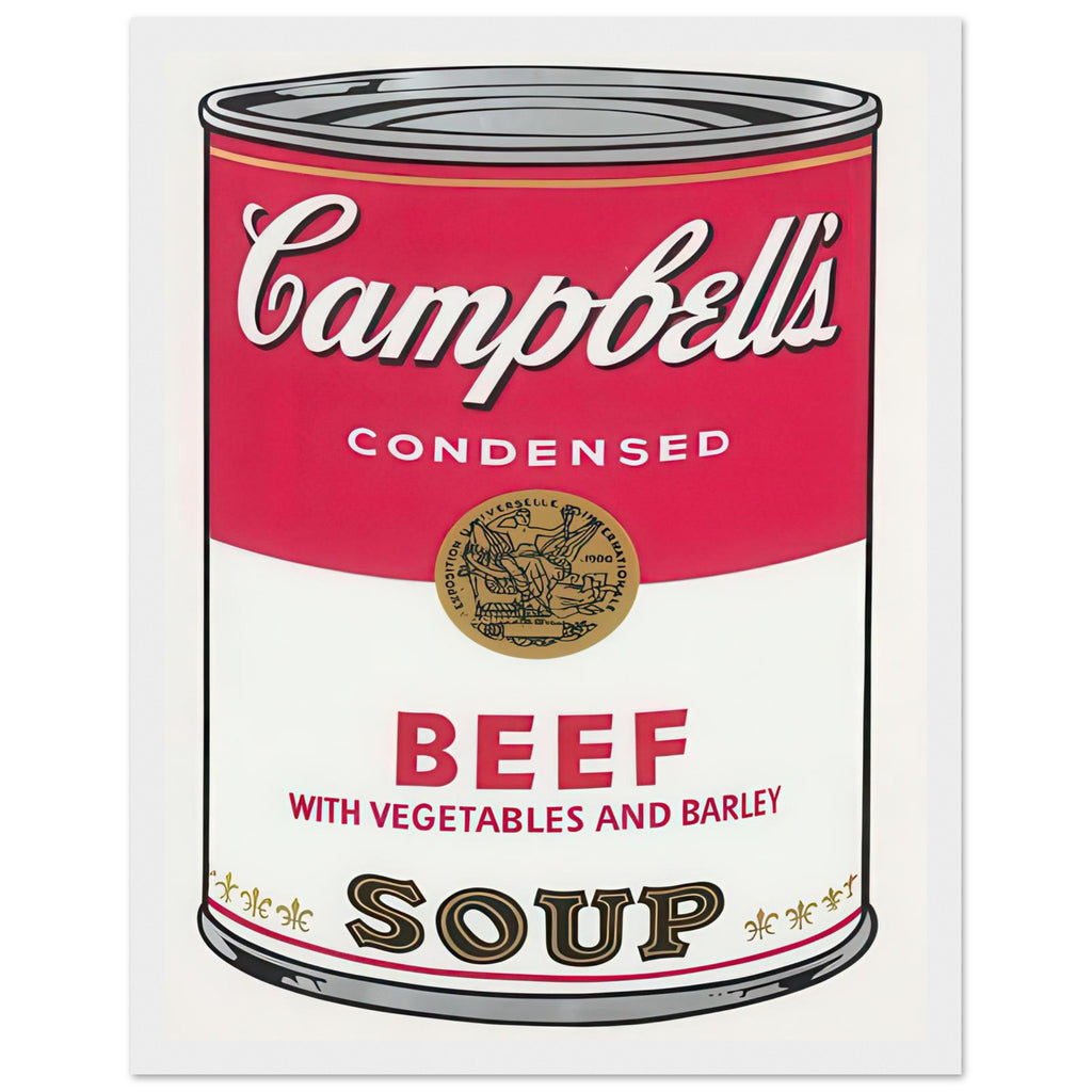 Andy Warhol framed print depicting the instantly legible soup-can silhouette, packaging lettering and product name create a highly recognizable commercial composition, white frame, 27x35 cm / 11x14″