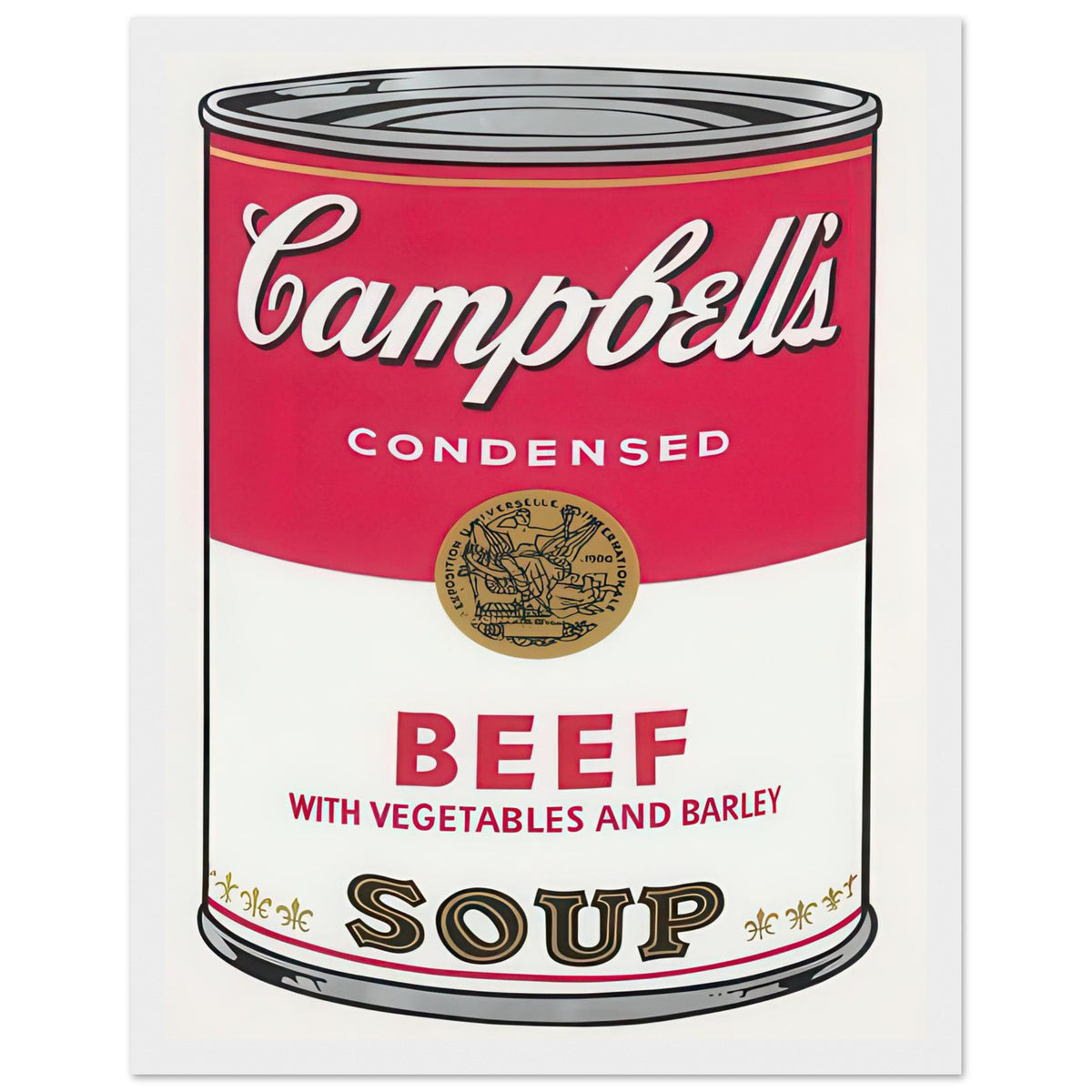 Andy Warhol framed print depicting the instantly legible soup-can silhouette, packaging lettering and product name create a highly recognizable commercial composition, white frame, 27x35 cm / 11x14″