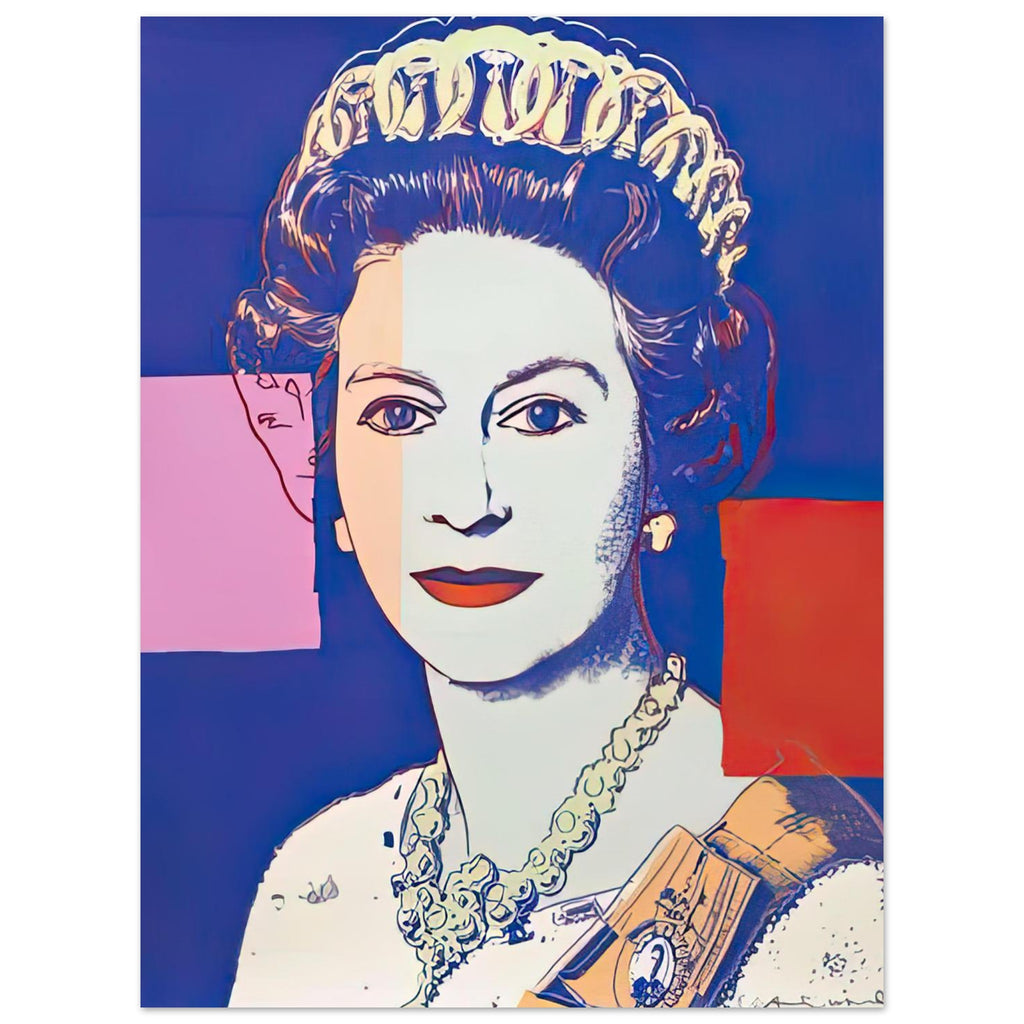 Andy Warhol poster depicting the recognizable royal portrait becomes a strong graphic focal point, 15x20 cm / 6x8″