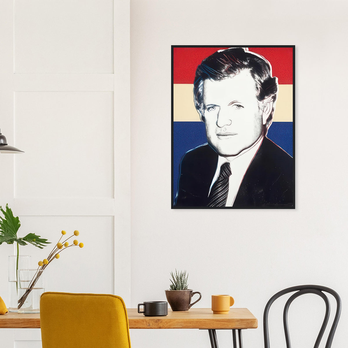 Andy Warhol framed print depicting the sitter’s recognizable face directs attention toward public image, personality and the graphic simplification of photographic portraiture
