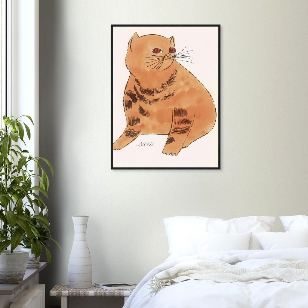 Andy Warhol framed print depicting a spare contour drawing gives the animal its personality, while uncomplicated forms keep the focus on the cat’s outline and pose