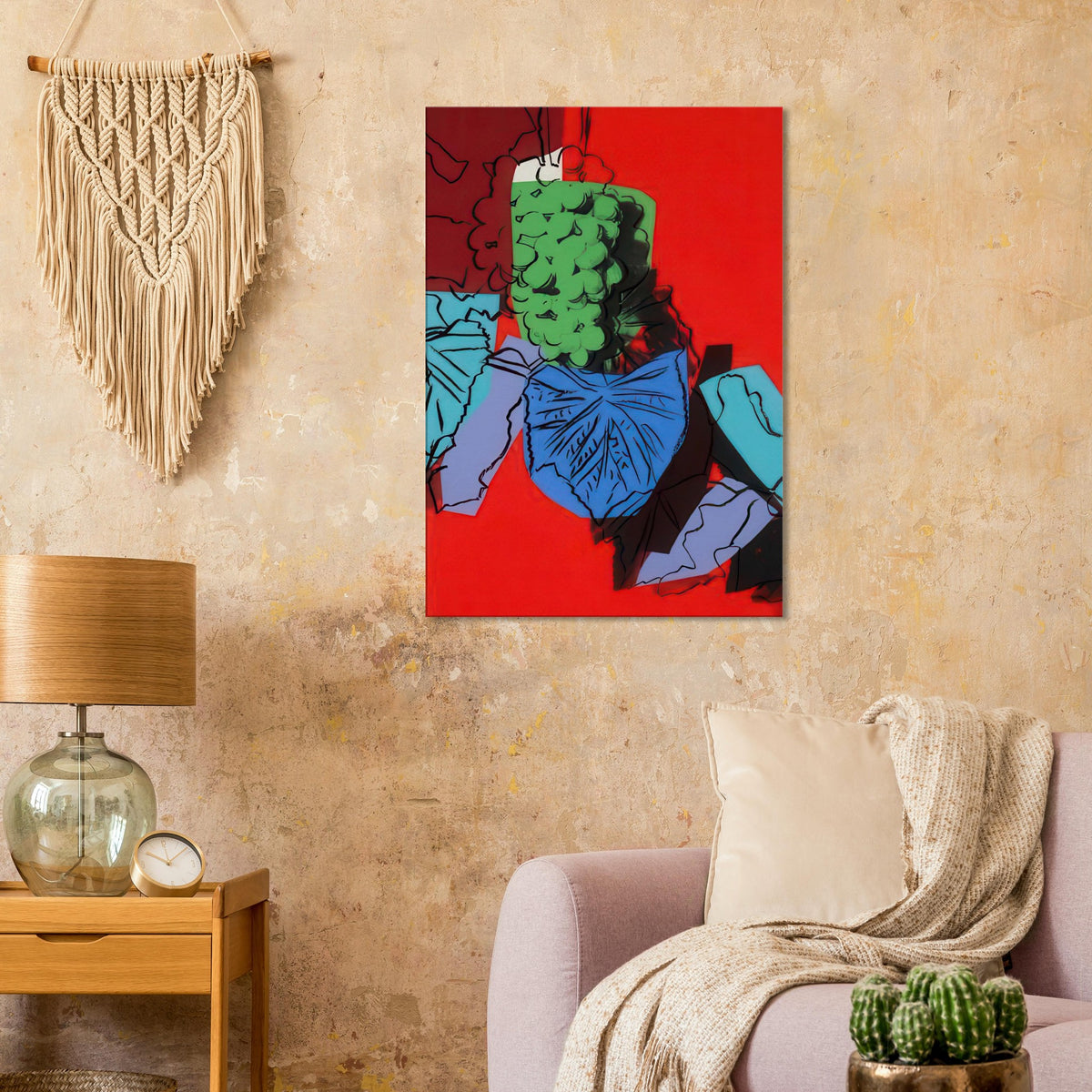 Andy Warhol canvas print depicting rounded grape forms and flowing stems provide a decorative rhythm, while the composition feels more graphic than naturalistic