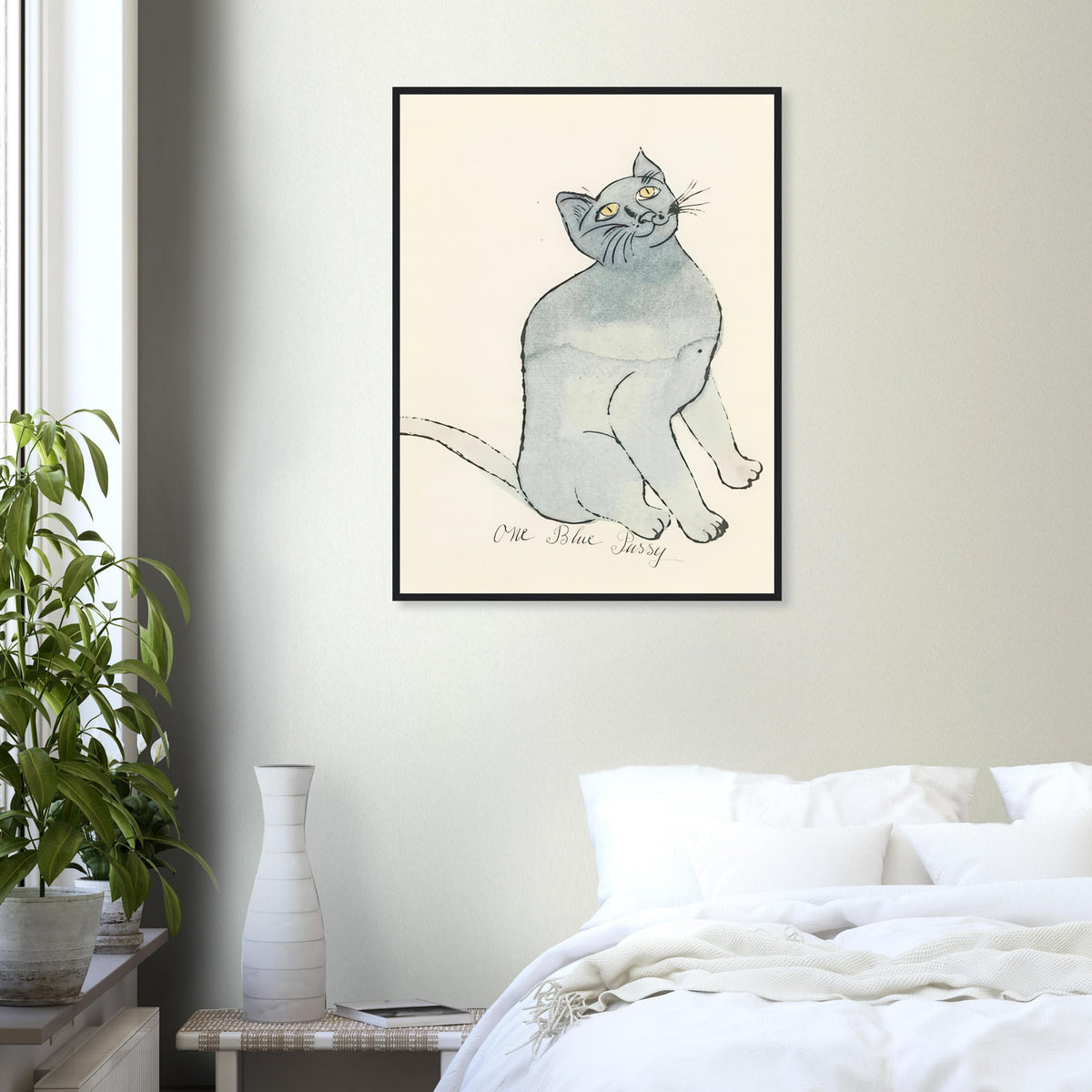 Andy Warhol framed print depicting a spare contour drawing gives the animal its personality, while uncomplicated forms keep the focus on the cat’s outline and pose