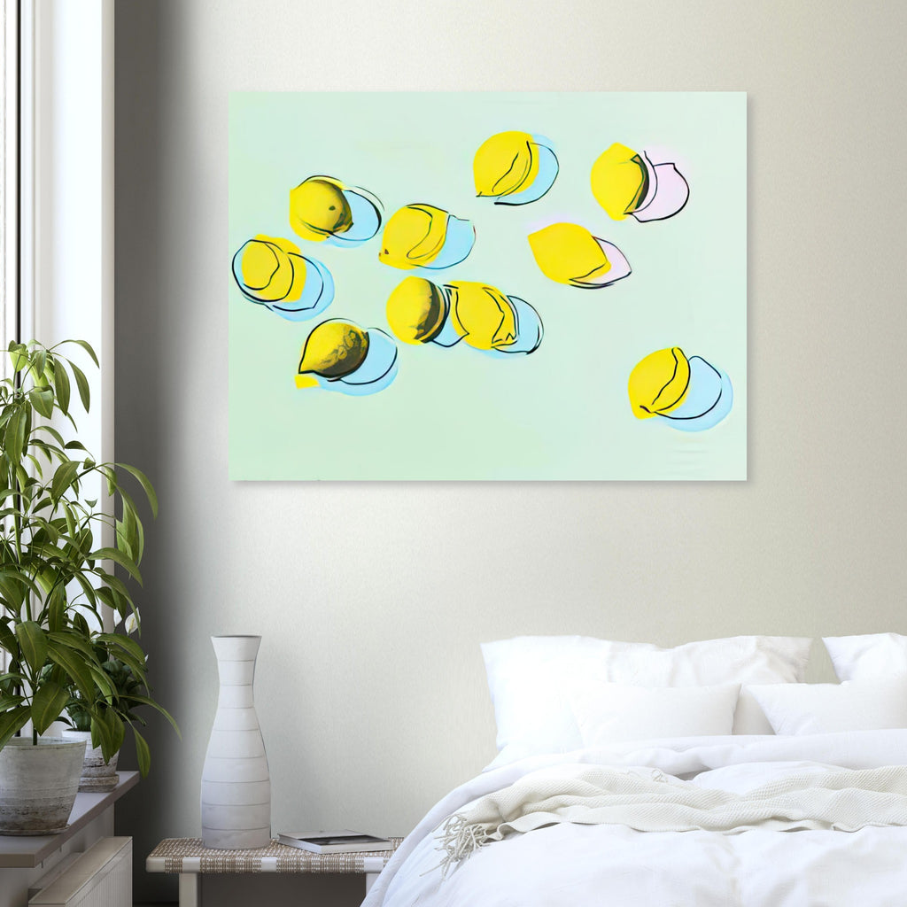 Andy Warhol poster depicting rounded fruit forms, expressive edges and the recognizable shapes of lemons, a detail that connects the composition to its broader artistic subject