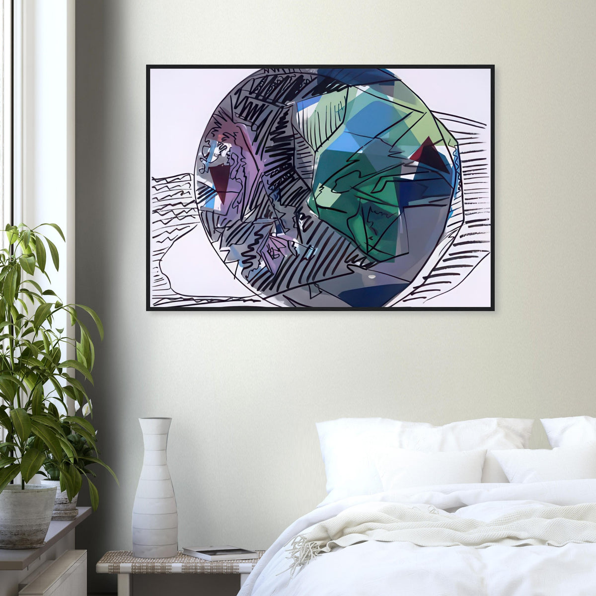 Andy Warhol framed print depicting jewel-like shapes arranged as luminous graphic forms, a detail that connects the composition to its broader artistic subject
