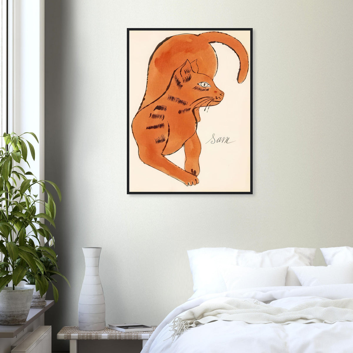 Andy Warhol framed print depicting a spare contour drawing gives the animal its personality, while uncomplicated forms keep the focus on the cat’s outline and pose