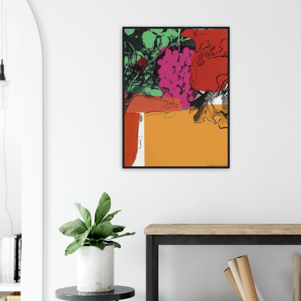 Andy Warhol framed print depicting rounded grape forms and flowing stems provide a decorative rhythm, while the composition feels more graphic than naturalistic