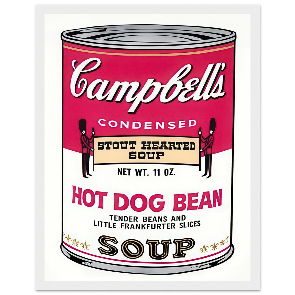 Andy Warhol framed print depicting the instantly legible soup-can silhouette, packaging lettering and product name create a highly recognizable commercial composition, white frame, 27x35 cm / 11x14″