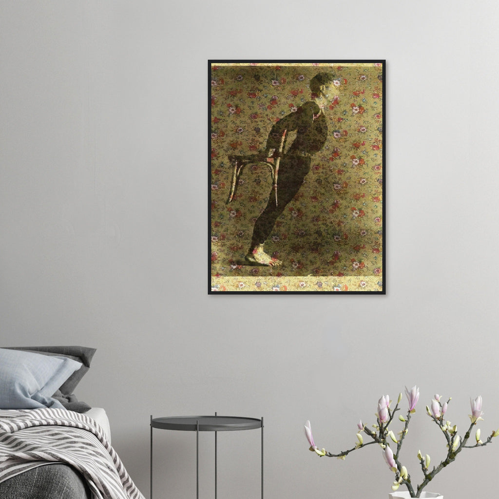 Andy Warhol framed print depicting the dancer leans at a pronounced angle near a chair; floral wrapping paper interrupts the expected studio background; Warhol’s Merce Cunningham I shows the American choreographer and dancer at the intersection of visual