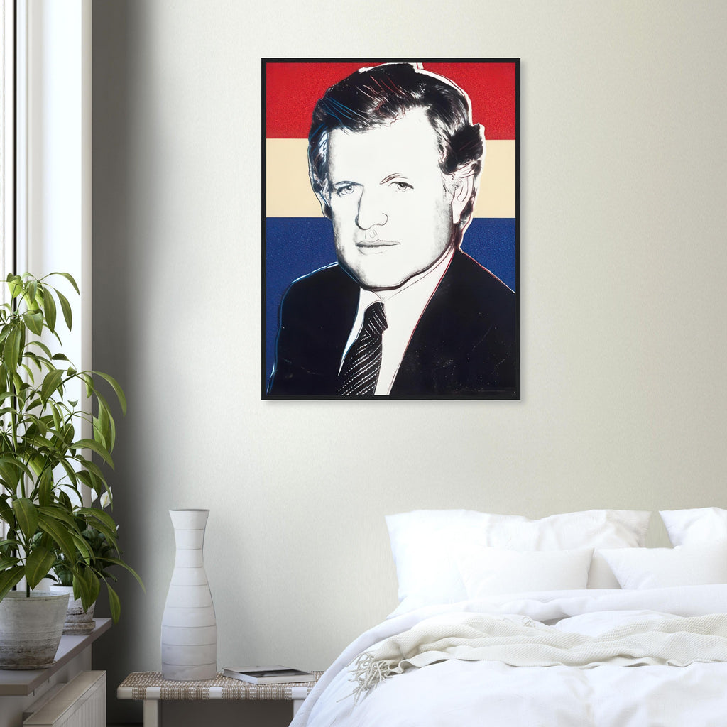 Andy Warhol framed print depicting the sitter’s recognizable face directs attention toward public image, personality and the graphic simplification of photographic portraiture