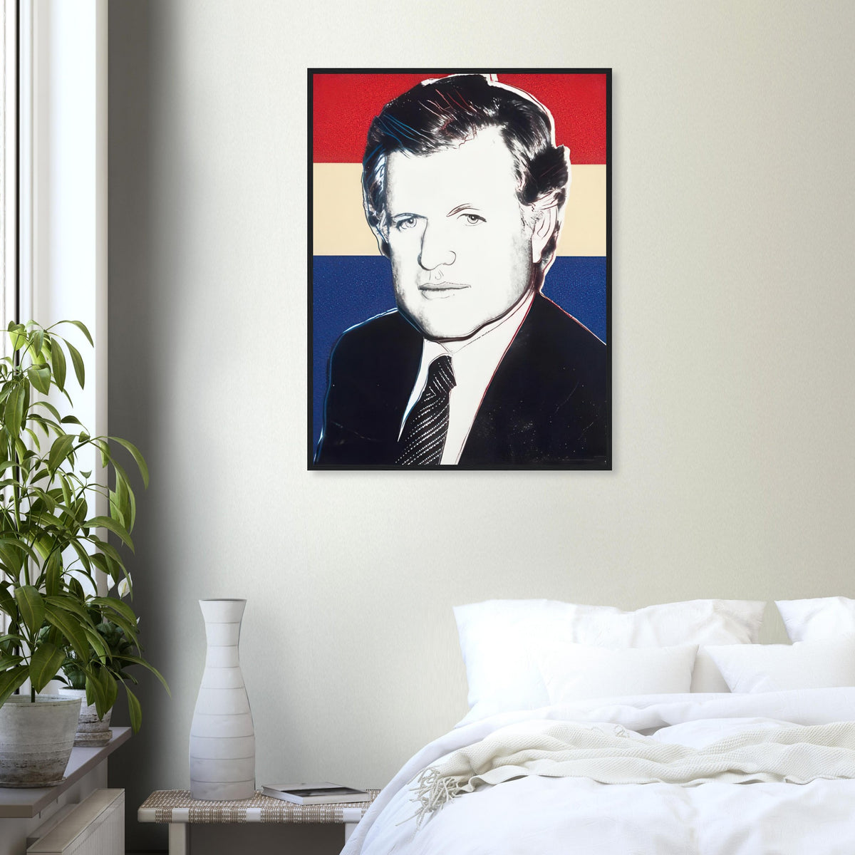 Andy Warhol framed print depicting the sitter’s recognizable face directs attention toward public image, personality and the graphic simplification of photographic portraiture