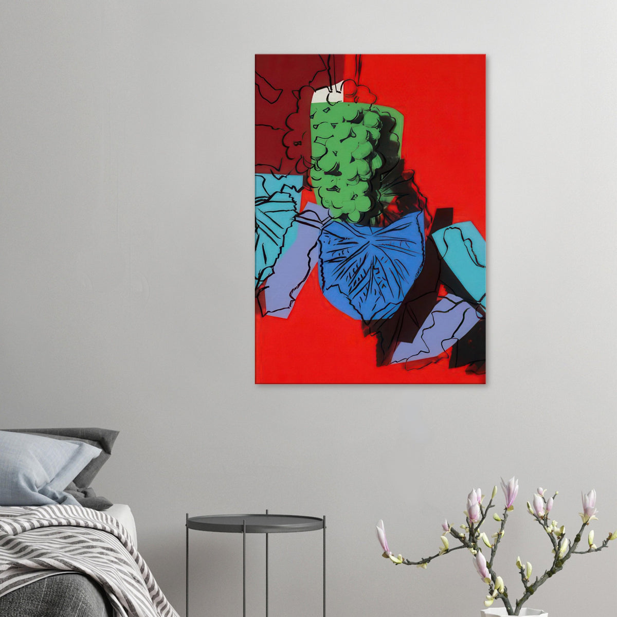 Andy Warhol canvas print depicting rounded grape forms and flowing stems provide a decorative rhythm, while the composition feels more graphic than naturalistic