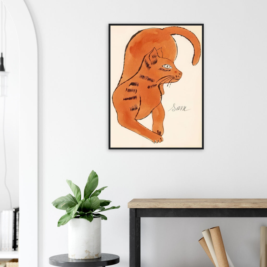 Andy Warhol framed print depicting a spare contour drawing gives the animal its personality, while uncomplicated forms keep the focus on the cat’s outline and pose