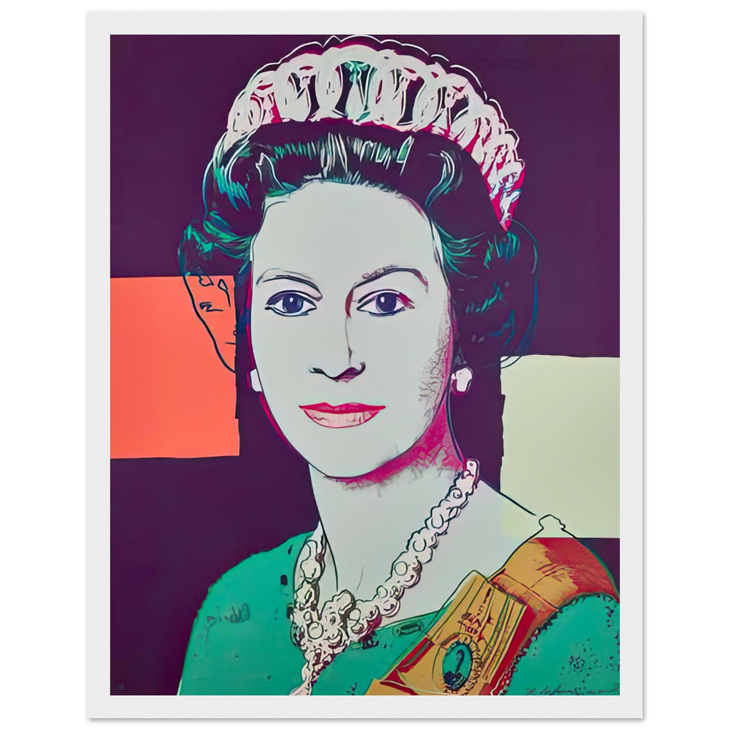 Andy Warhol framed print depicting this work depicts Queen Elizabeth II of the United Kingdom; The Reigning Queens portfolio presented four women who held ruling power in their own right: Elizabeth, white frame, 27x35 cm / 11x14″