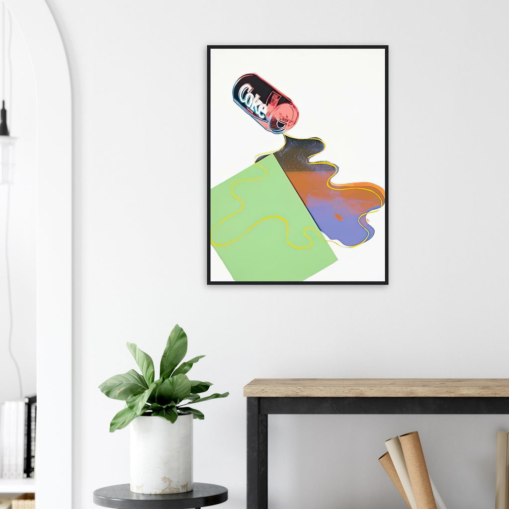 Andy Warhol framed print depicting a toppled Coca-Cola can appears to spill its contents, with colourful outlines exaggerating the ordinary action; New Coke was created in the year Coca-Cola introduced a controversial reformulated drink