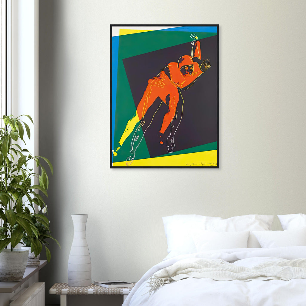 Andy Warhol framed print depicting an ice skater appears to project forward from a dark square, surrounded by rapid overlapping colour and fluid drawn outlines; Speed Skater was created for an art project connected with the 1984 Sarajevo Winter Olympics