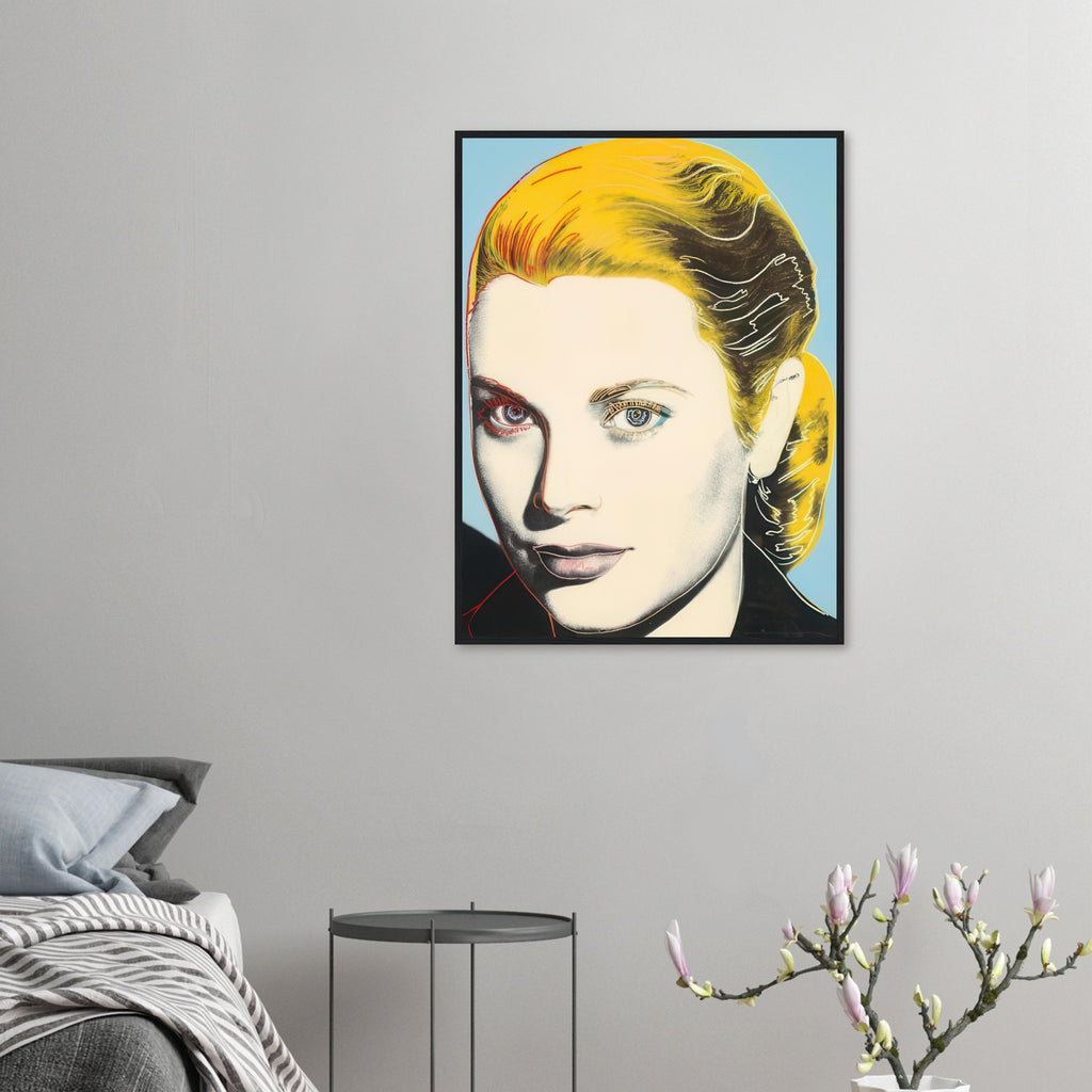Andy Warhol framed print depicting a closely presented face, defined contours and a strong gaze give the composition a poised and elegant character