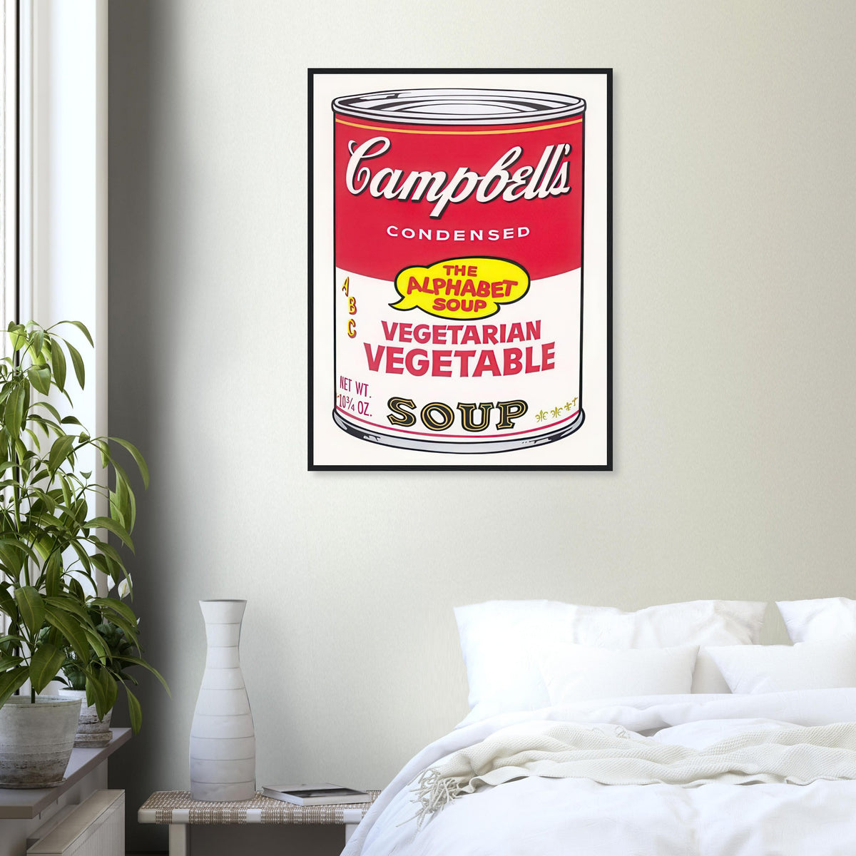 Andy Warhol framed print depicting the instantly legible soup-can silhouette, packaging lettering and product name create a highly recognizable commercial composition