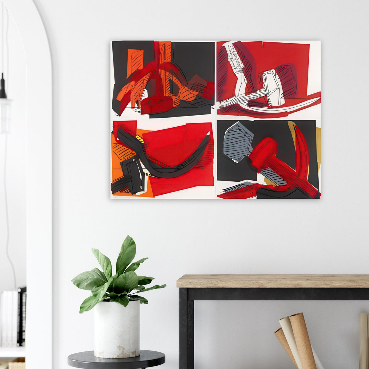 Andy Warhol poster depicting the industrial hammer and curved sickle as emphatic, intersecting shapes, a detail that connects the composition to its broader artistic subject