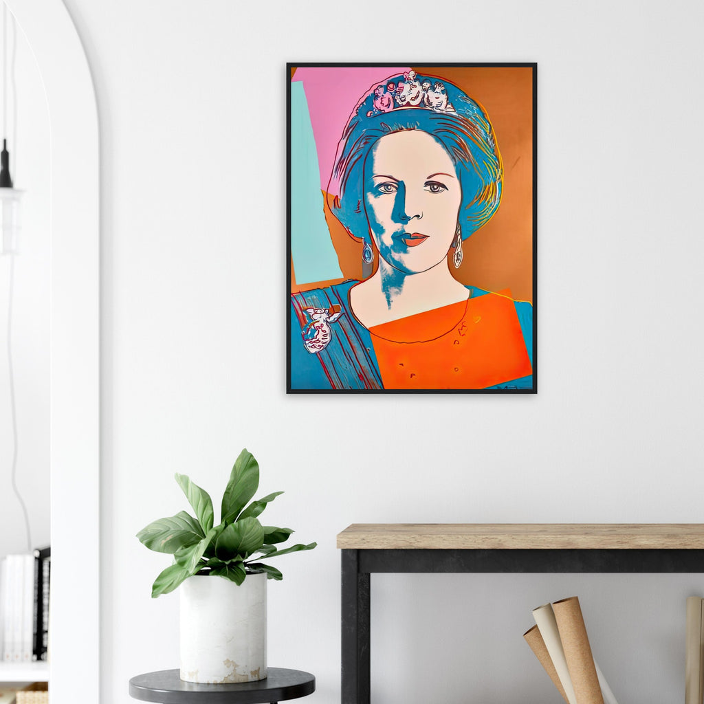 Andy Warhol framed print depicting this work depicts Queen Beatrix of the Netherlands; The Reigning Queens portfolio presented four women who held ruling power in their own right: Elizabeth