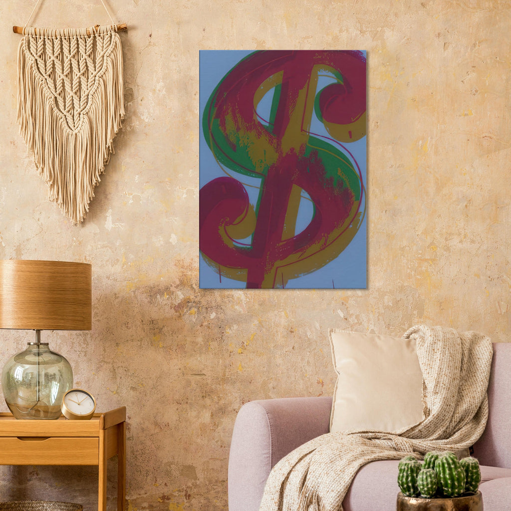 Andy Warhol canvas print depicting the repeated or isolated currency mark operates like a logo: simple, recognizable and assertive