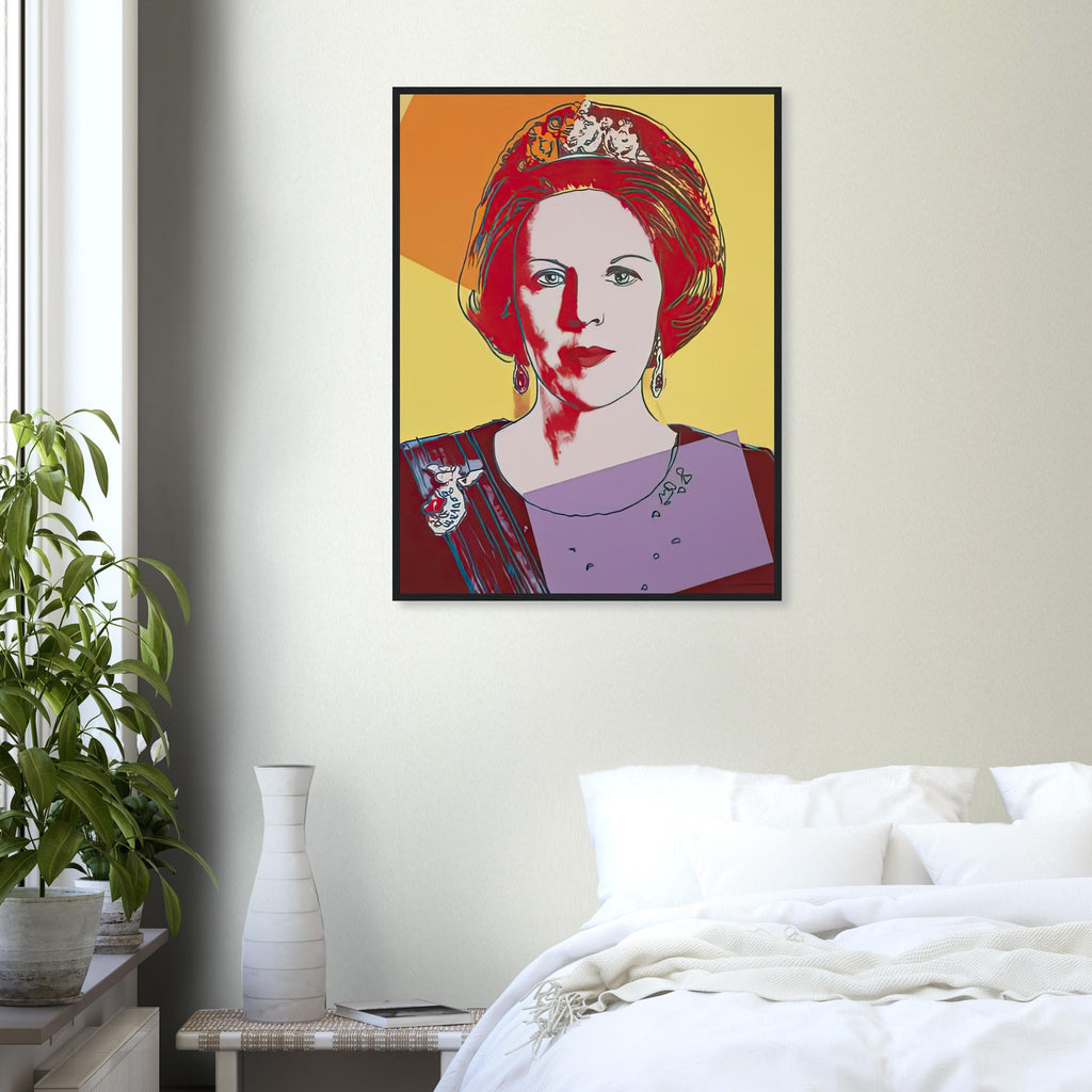 Andy Warhol framed print depicting this work depicts Queen Beatrix of the Netherlands; The Reigning Queens portfolio presented four women who held ruling power in their own right: Elizabeth