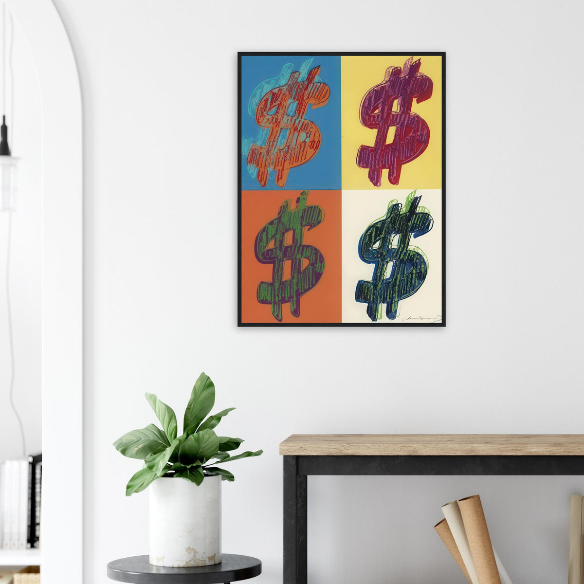 Andy Warhol framed print depicting the repeated or isolated currency mark operates like a logo: simple, recognizable and assertive