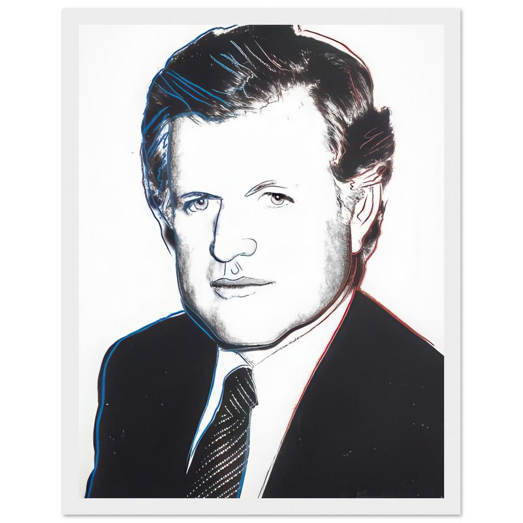 Andy Warhol framed print depicting the sitter’s recognizable face directs attention toward public image, personality and the graphic simplification of photographic portraiture, white frame, 27x35 cm / 11x14″