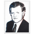 Andy Warhol framed print depicting the sitter’s recognizable face directs attention toward public image, personality and the graphic simplification of photographic portraiture, white frame, 27x35 cm / 11x14″