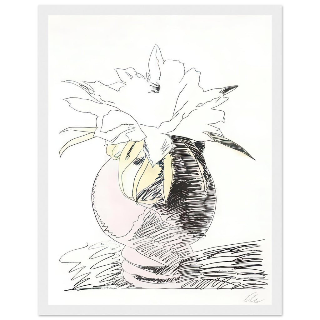 Andy Warhol framed print depicting the design highlights the relationship between compact petals, organic contours and deliberately graphic printmaking marks, white frame, 27x35 cm / 11x14″