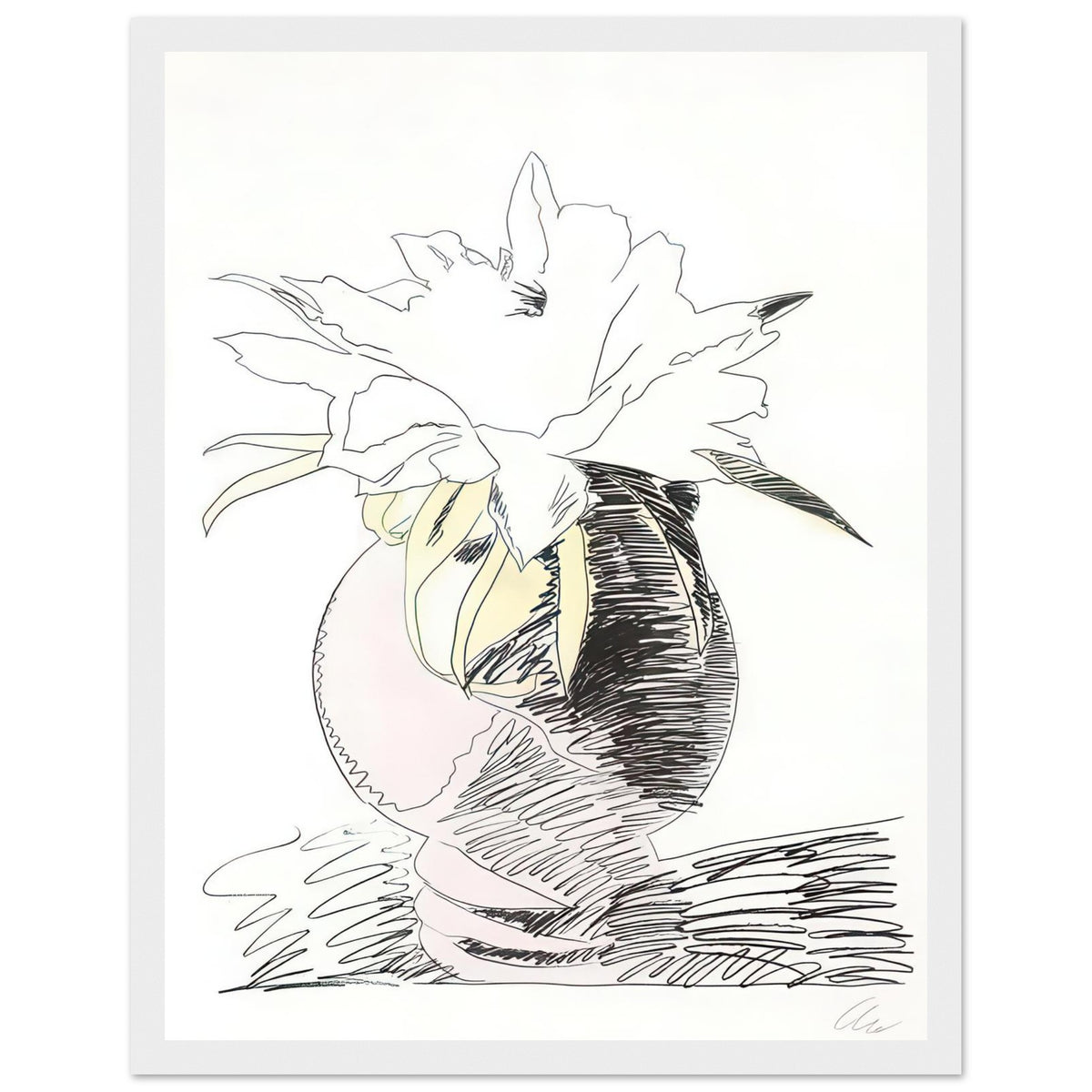 Andy Warhol framed print depicting the design highlights the relationship between compact petals, organic contours and deliberately graphic printmaking marks, white frame, 27x35 cm / 11x14″