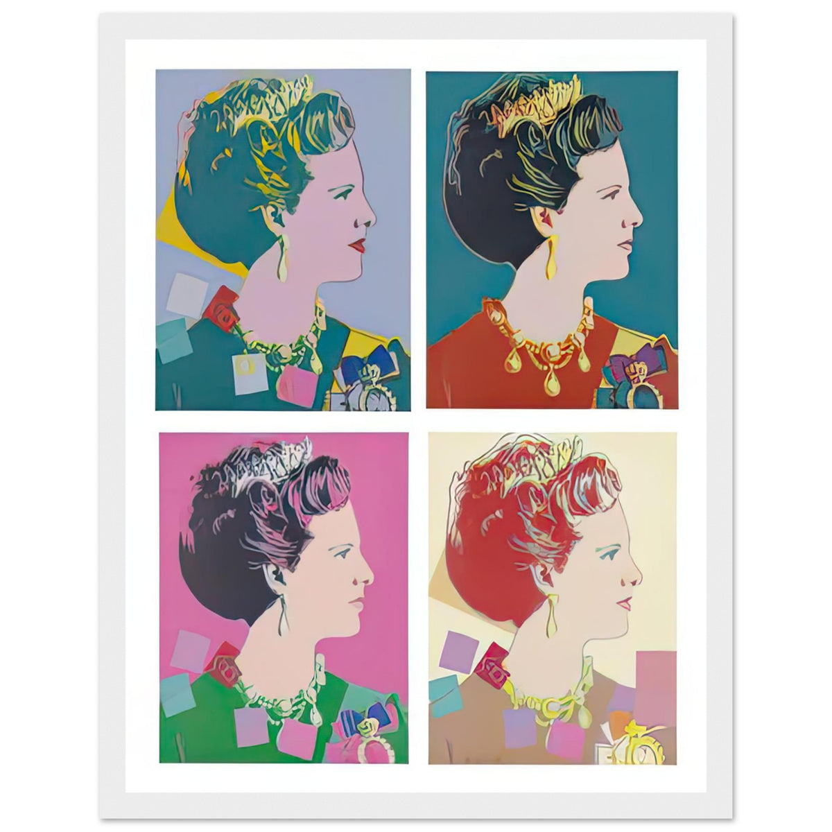 Andy Warhol framed print depicting this work depicts Queen Margrethe II of Denmark; The Reigning Queens portfolio presented four women who held ruling power in their own right: Elizabeth, white frame, 27x35 cm / 11x14″