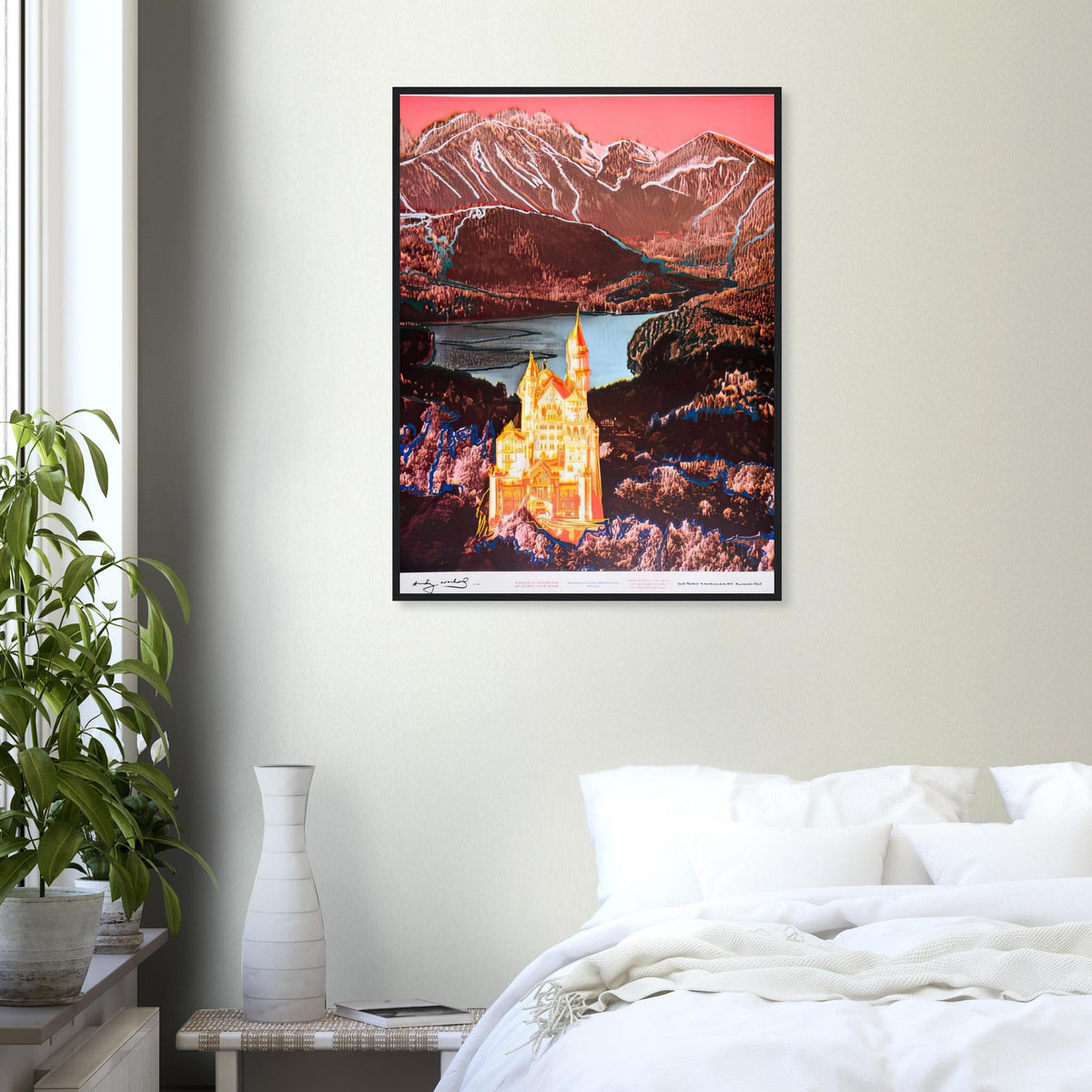 Andy Warhol framed print depicting the alpine castle stands against mountain slopes, a lake and a dramatic sky; Warhol’s image of Neuschwanstein Castle translates a heavily photographed Bavarian landmark into Pop Art