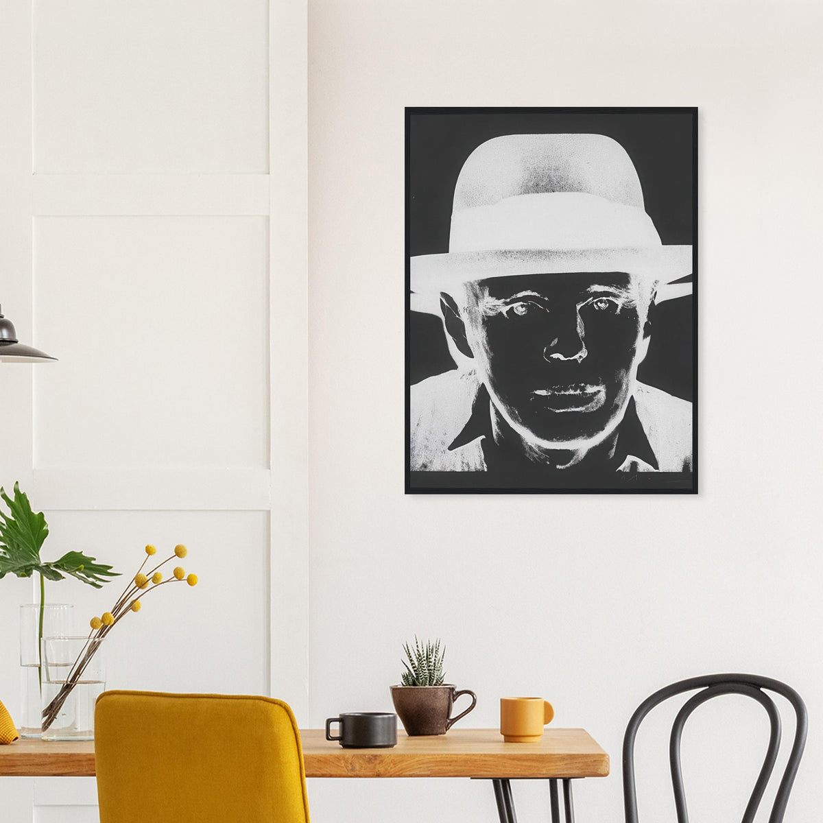 Andy Warhol framed print depicting beuys faces the viewer wearing his characteristic brimmed felt hat; Warhol portrayed fellow artist Joseph Beuys after photographing him in 1979