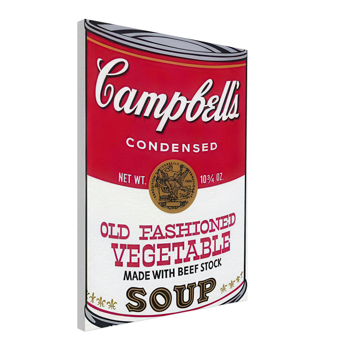 Andy Warhol canvas print depicting the instantly legible soup-can silhouette, packaging lettering and product name create a highly recognizable commercial composition, 45x60 cm / 18x24″