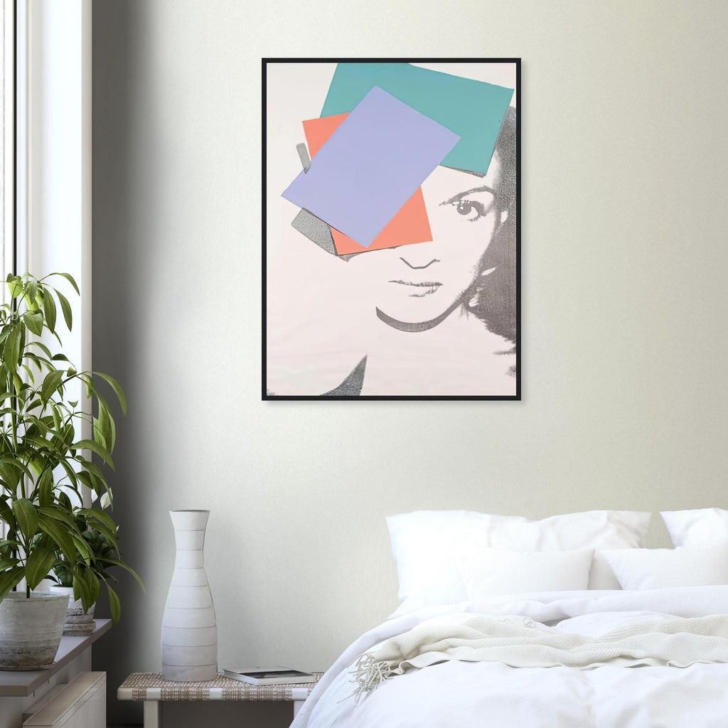 Andy Warhol framed print depicting the central face is treated as a graphic emblem, with selective contour and colour drawing attention to the sitter’s expression and composed presence; Paloma Picasso, daughter of Pablo Picasso, was a figure in the international fashion and art worlds