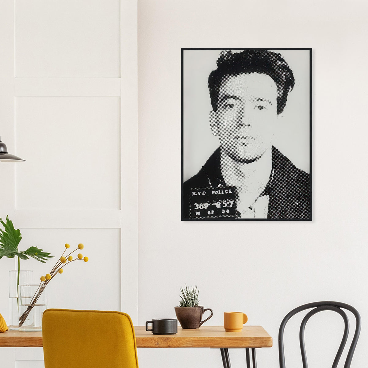 Andy Warhol framed print depicting an identification slate pinned to the young man’s jacket reveals the image as a mugshot rather than a glamorous portrait; John Joseph H No