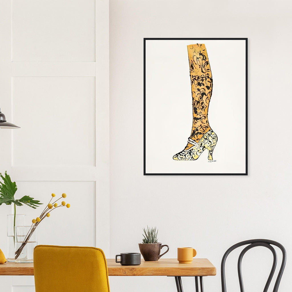 Andy Warhol framed print depicting a bright yellow high heel, golden-toned leg and black paisley decoration make an elegant fashion drawing feel witty and theatrical; Shoe and Leg comes from Warhol’s commercial-illustration era and the witty La Recherche du Shoe Perdu